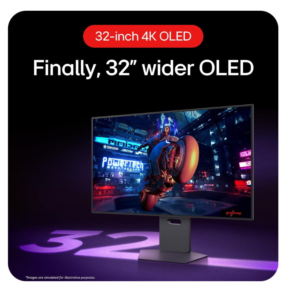Gaming OLED monitor with 32-inch 4K label on screen and wide stand