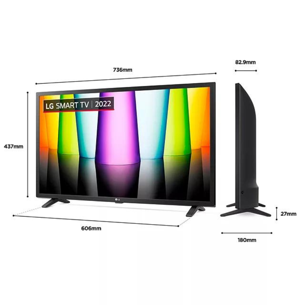 LG LED smart TV with front and side size diagram on black screen frame