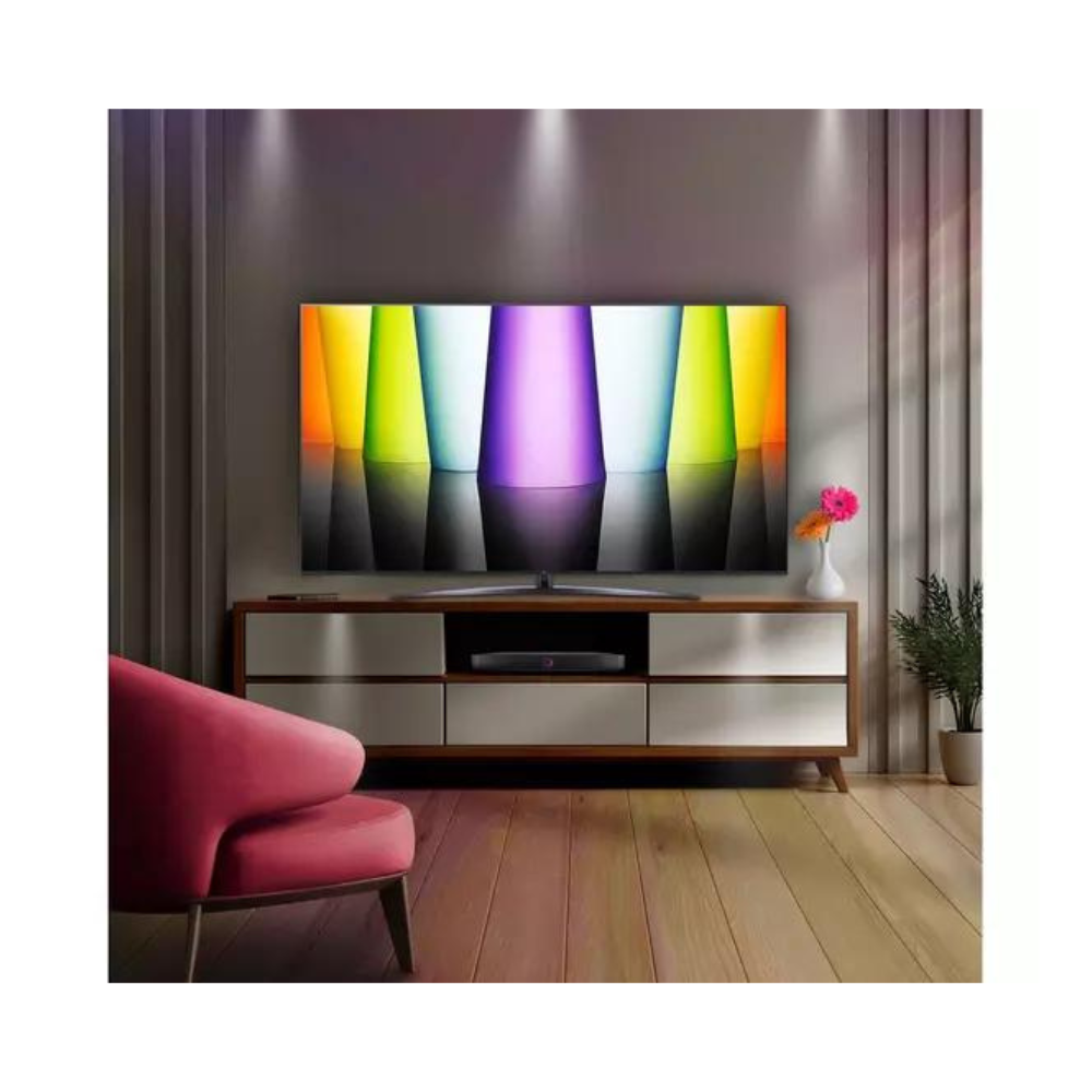 LG 32-inch LED smart TV on stand showing colorful screen