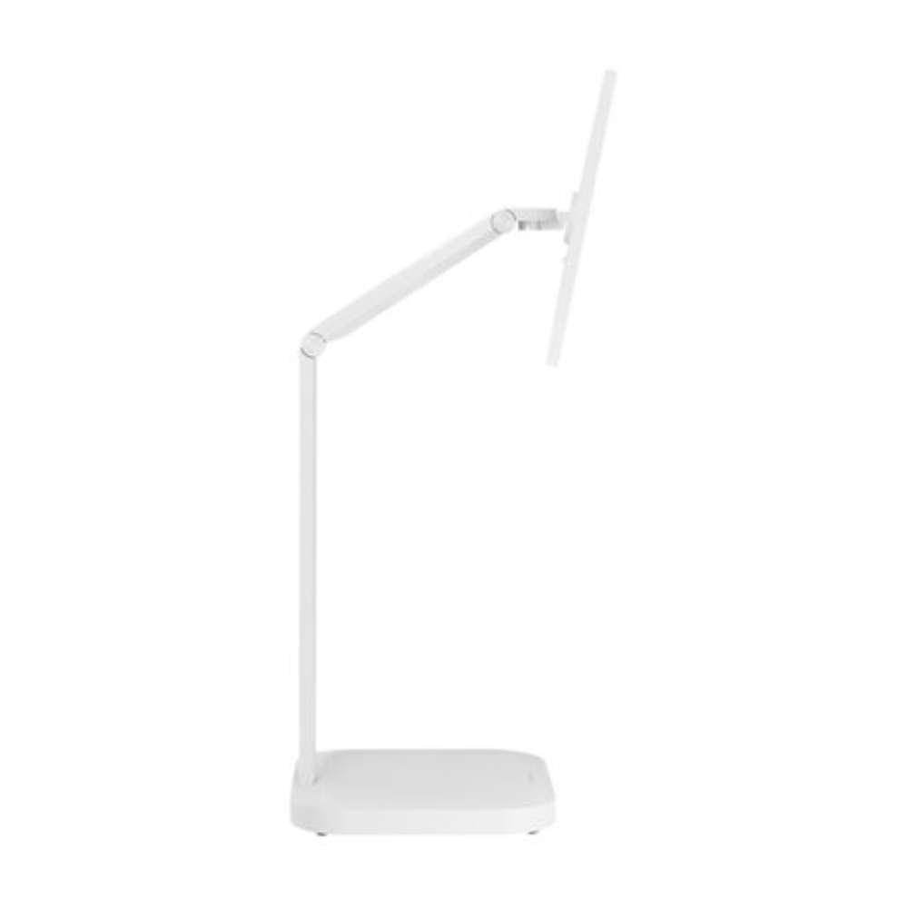 White articulated monitor stand with top arm and base