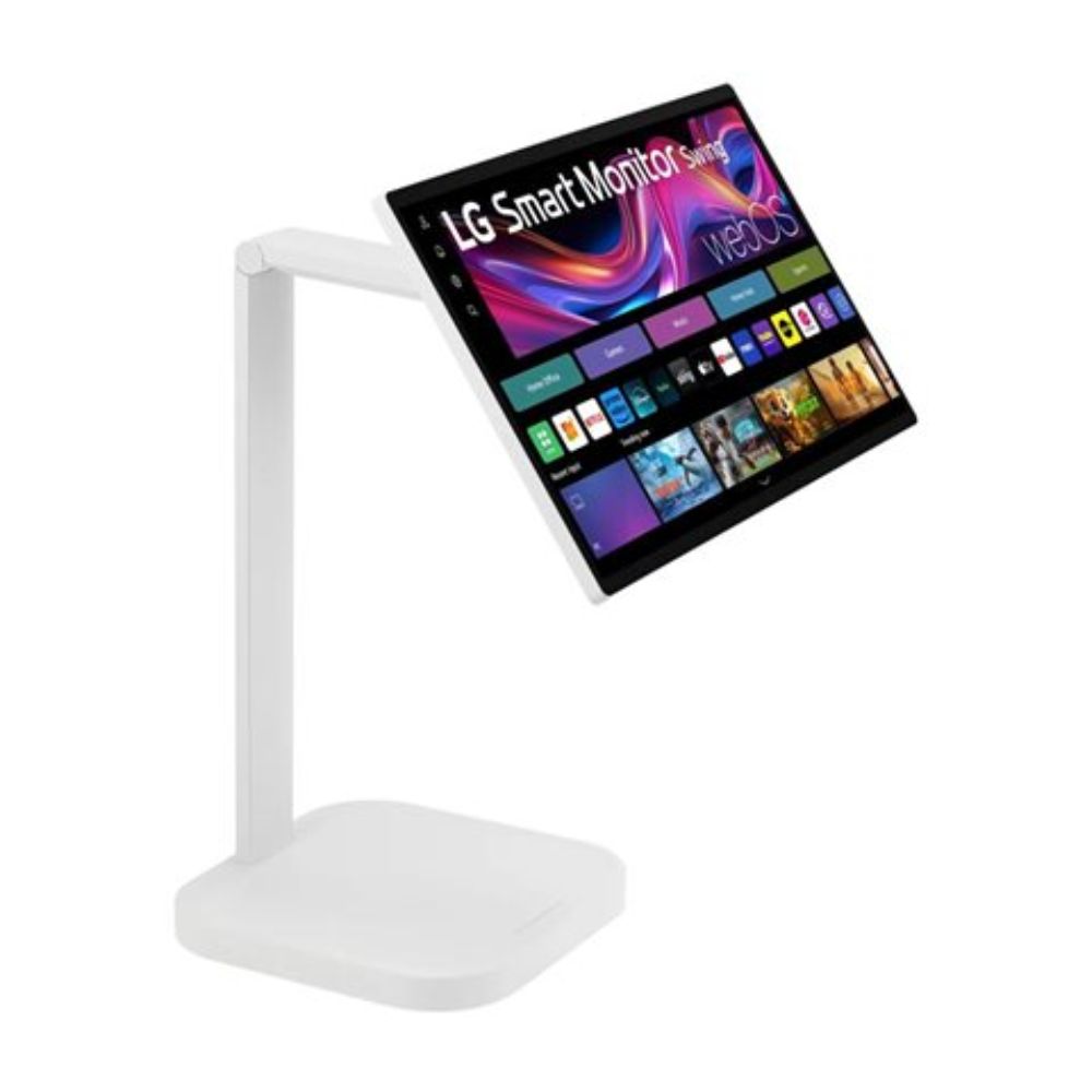 LG touchscreen monitor on white stand, screen tilted