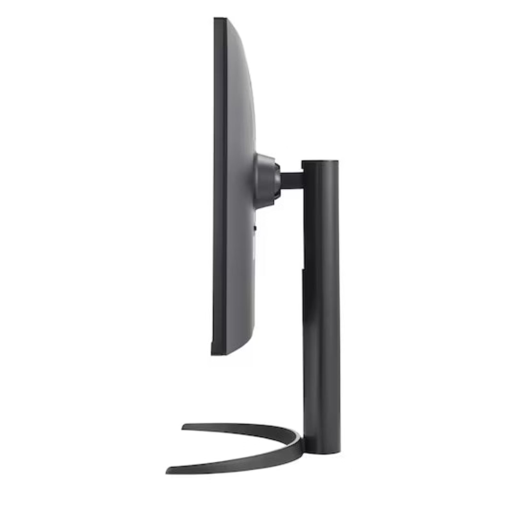 Black monitor side view with slim profile and curved stand base