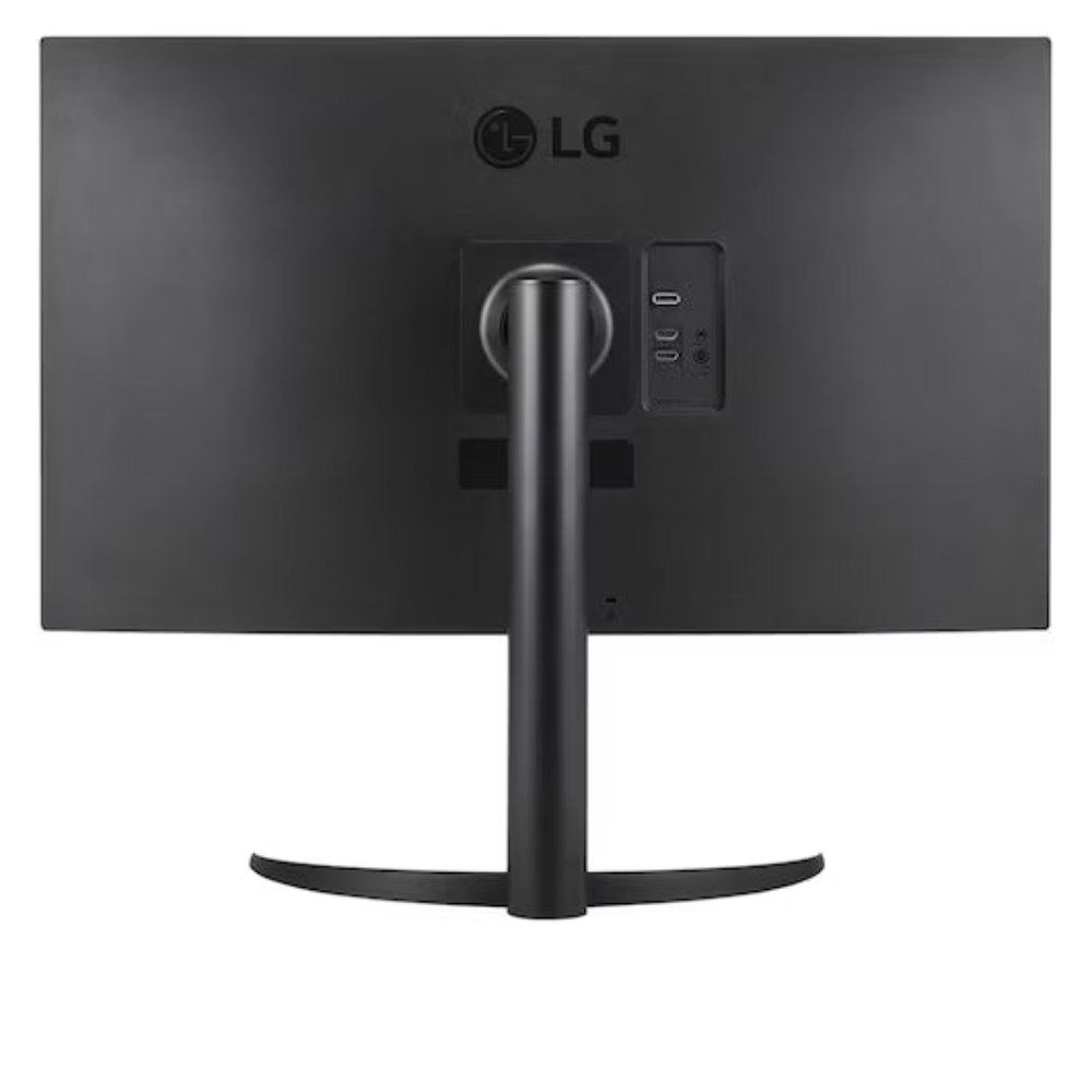 Black LG monitor back with central stand support and wide base