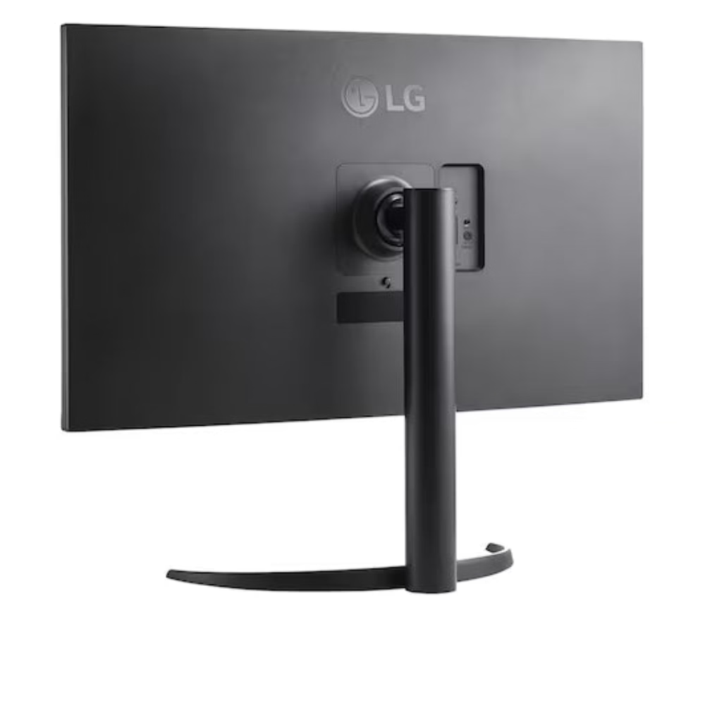 Black LG monitor back showing port area and vertical stand with base