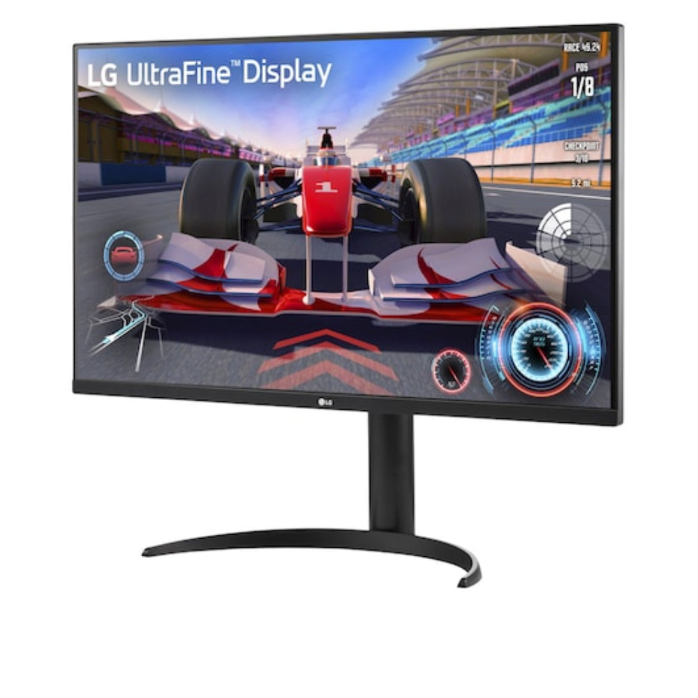 Black LG 32-inch monitor on stand displaying racing game