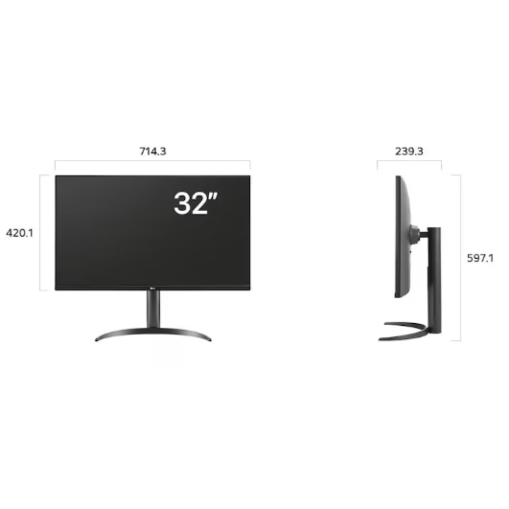 Black 32-inch monitor with size diagram and stand views