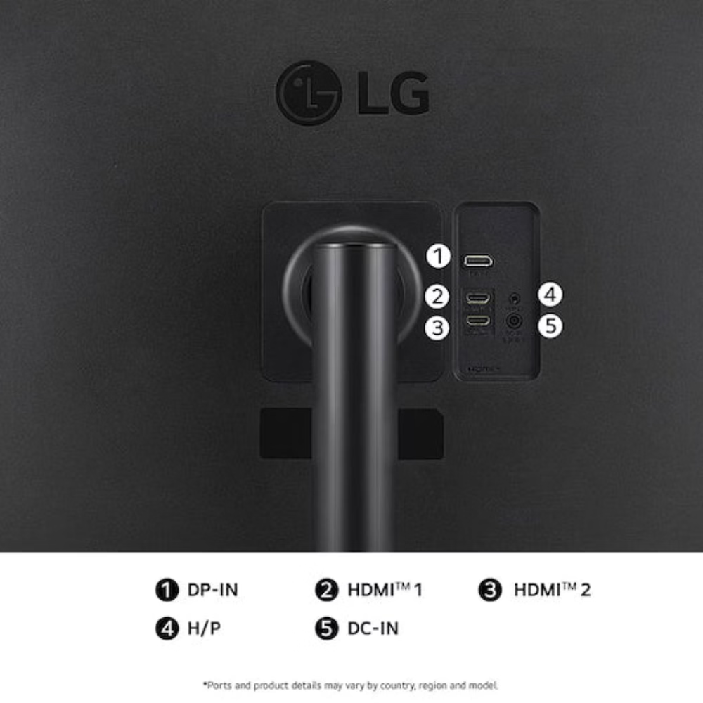 Black LG monitor back with labeled ports: DP-IN, HDMI 1/2, H/P, DC-IN