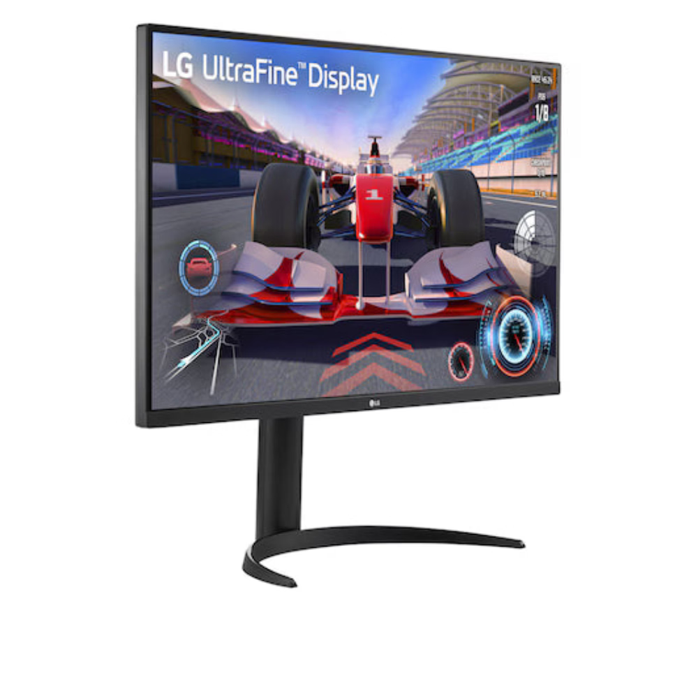 Black LG 32-inch 4K monitor with slim bezel and curved stand base