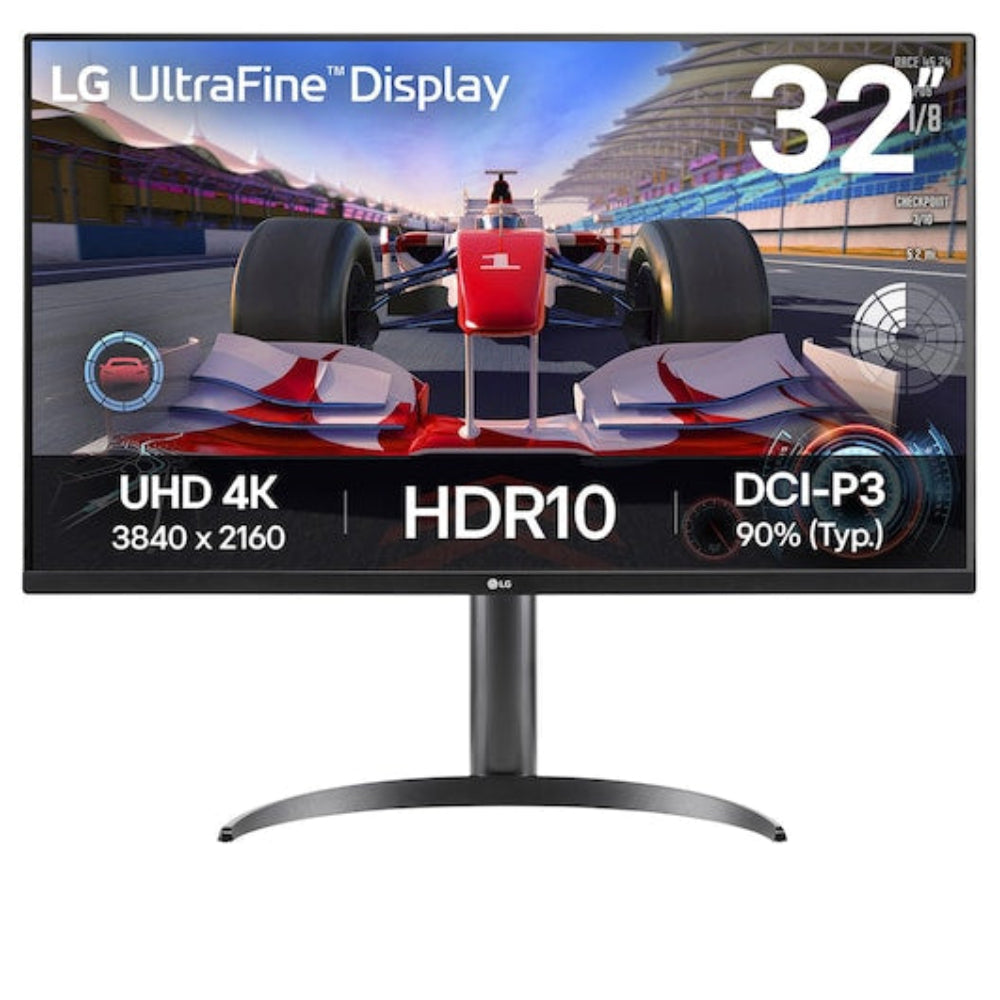 LG UltraFine 32-inch black monitor with UHD 4K, HDR10, DCI-P3 90% on screen