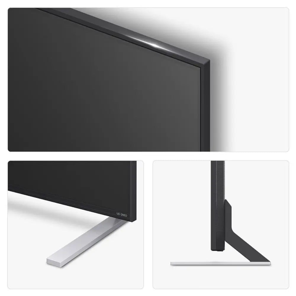 Black flat-screen TV on stand, angled side view with slim frame and pedestal base