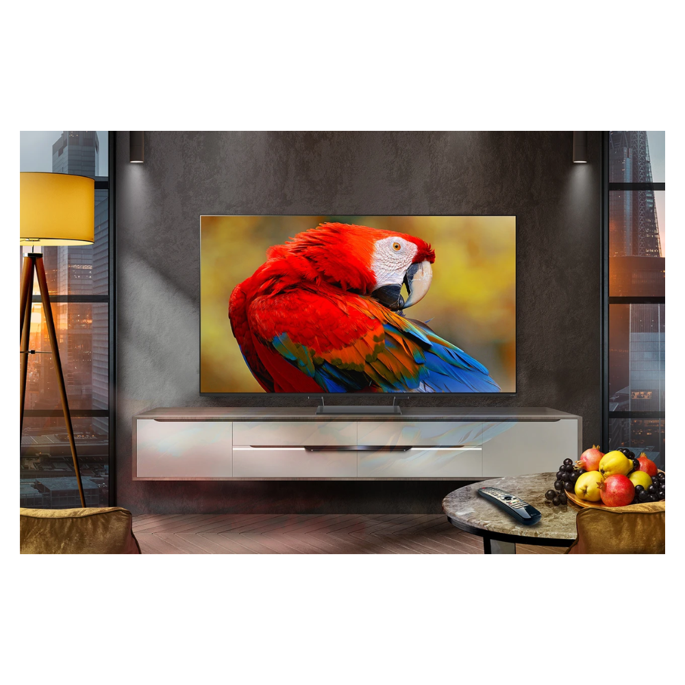 LG 55-inch QNED evo 4K smart TV shown on media console in living room