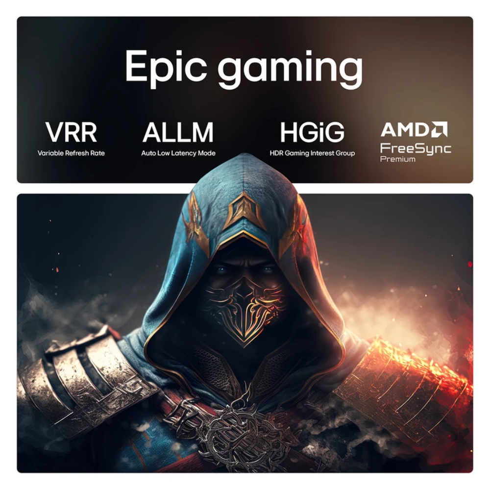LG QNED evo 4K smart TV with Epic gaming screen featuring Vrr, ALLM, HiG