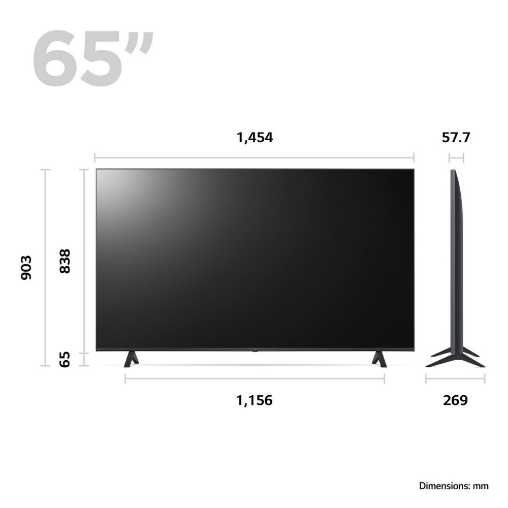 65-inch TV dimensions diagram showing screen size and stand feet