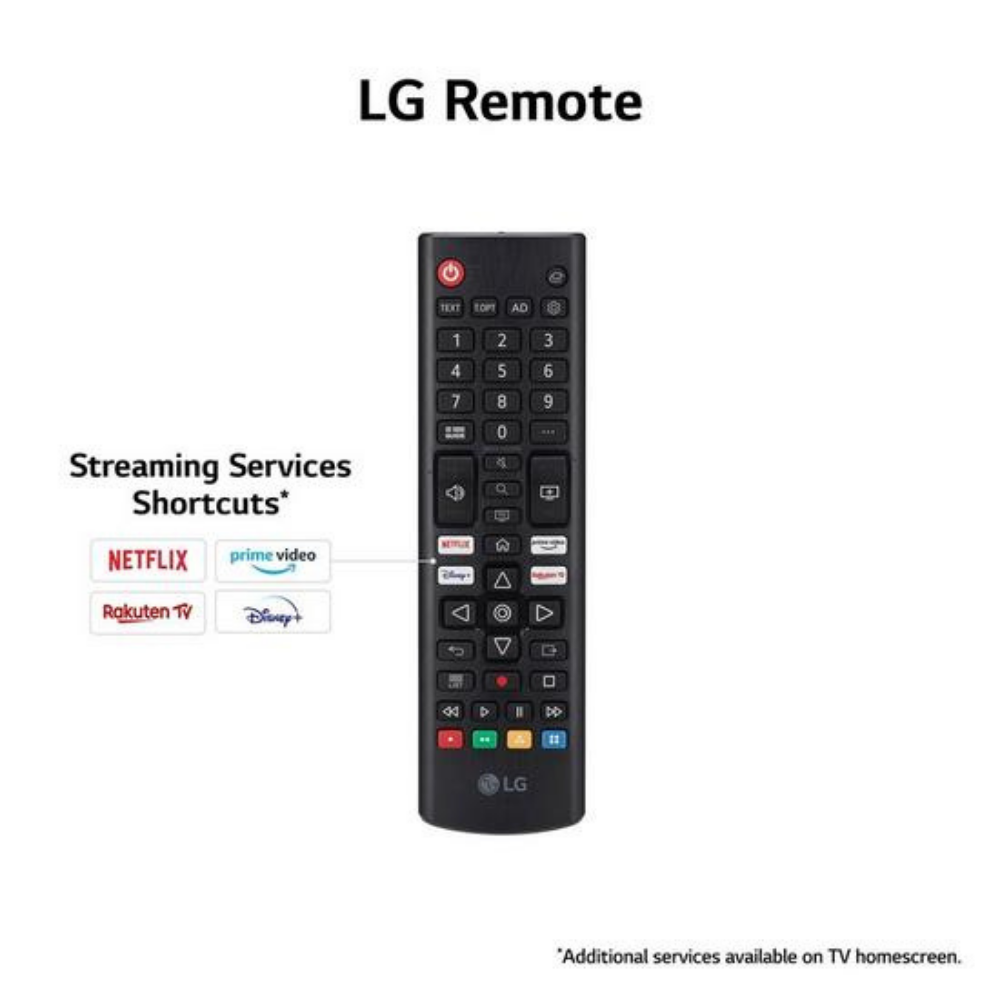 LG remote control with streaming service shortcuts and TV navigation buttons