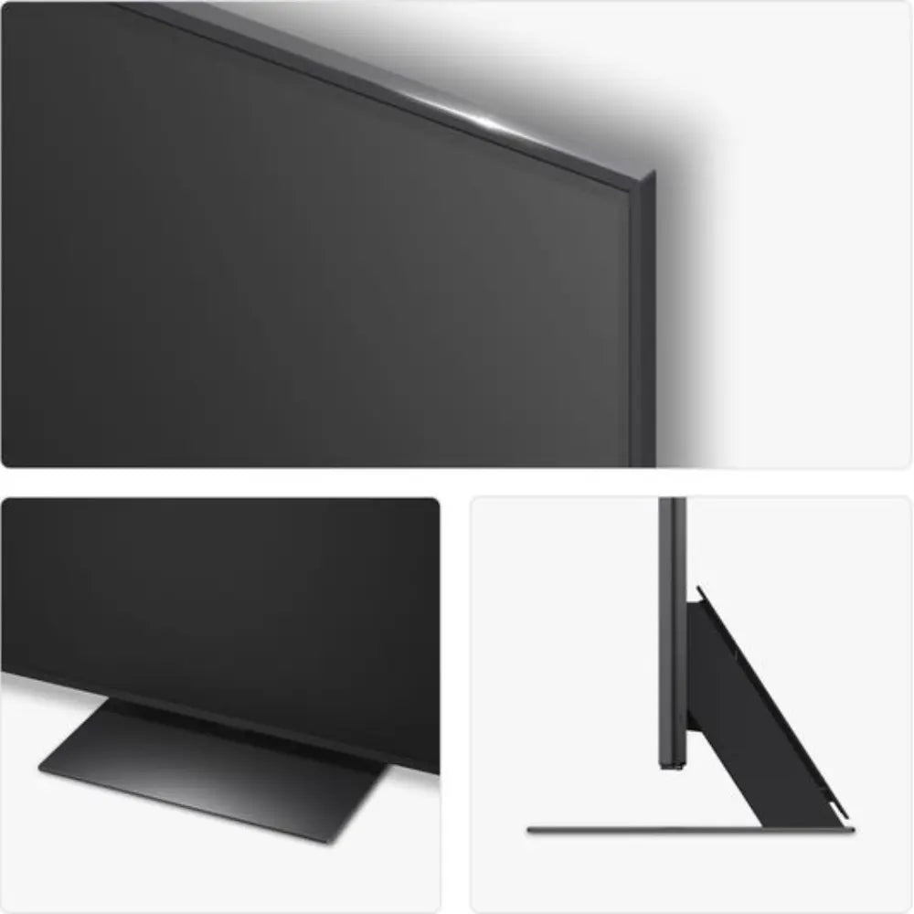 Flat-screen smart TV with slim stand, front corner view