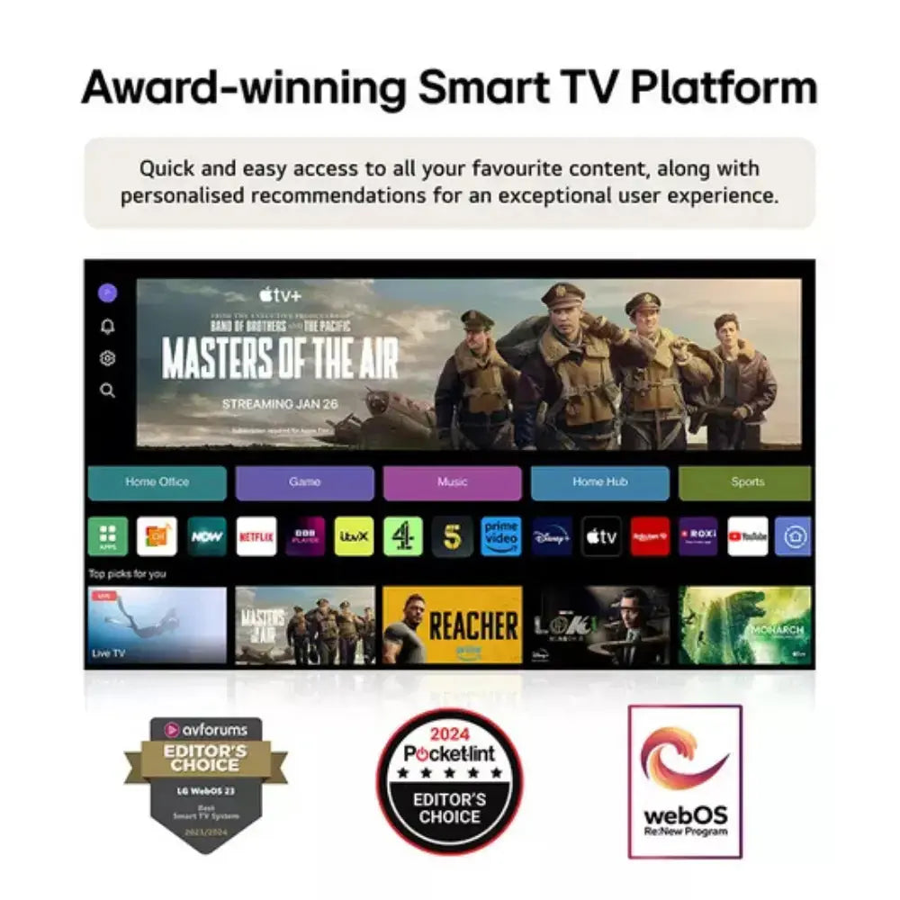 LG QNED smart TV interface home screen with app tiles and recommendation row