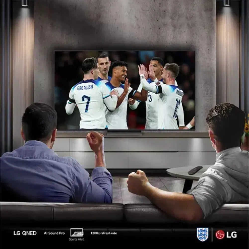 People watching LG QNED smart TV with soccer match on screen