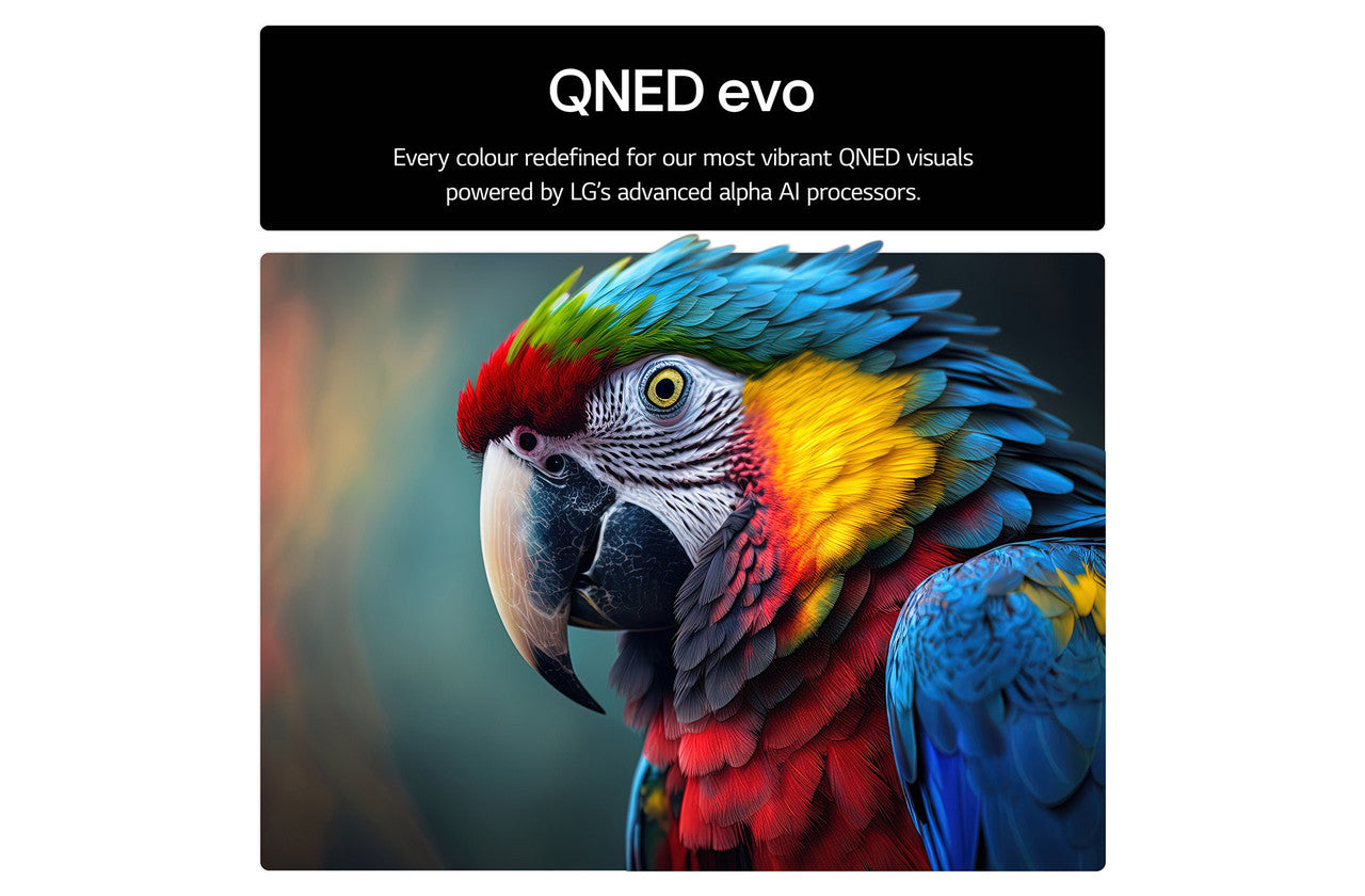 Mini LED 4K Smart TV screen with QNED evo banner and colorful parrot image