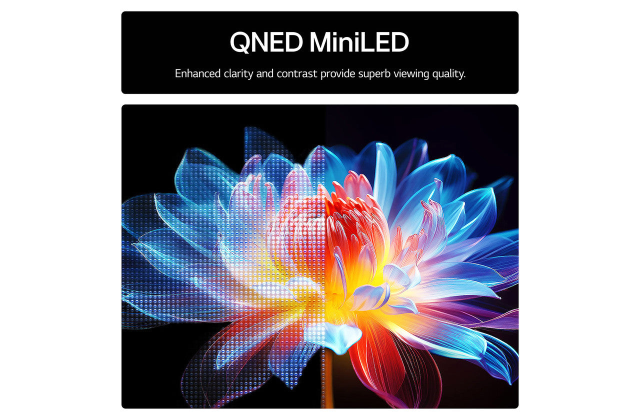 Mini LED 4K Smart TV screen with QNED MiniLED banner and neon flower display