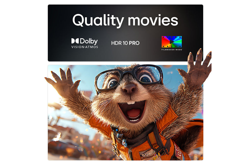 Mini LED 4K Smart TV screen with Quality movies banner and smiling animal character