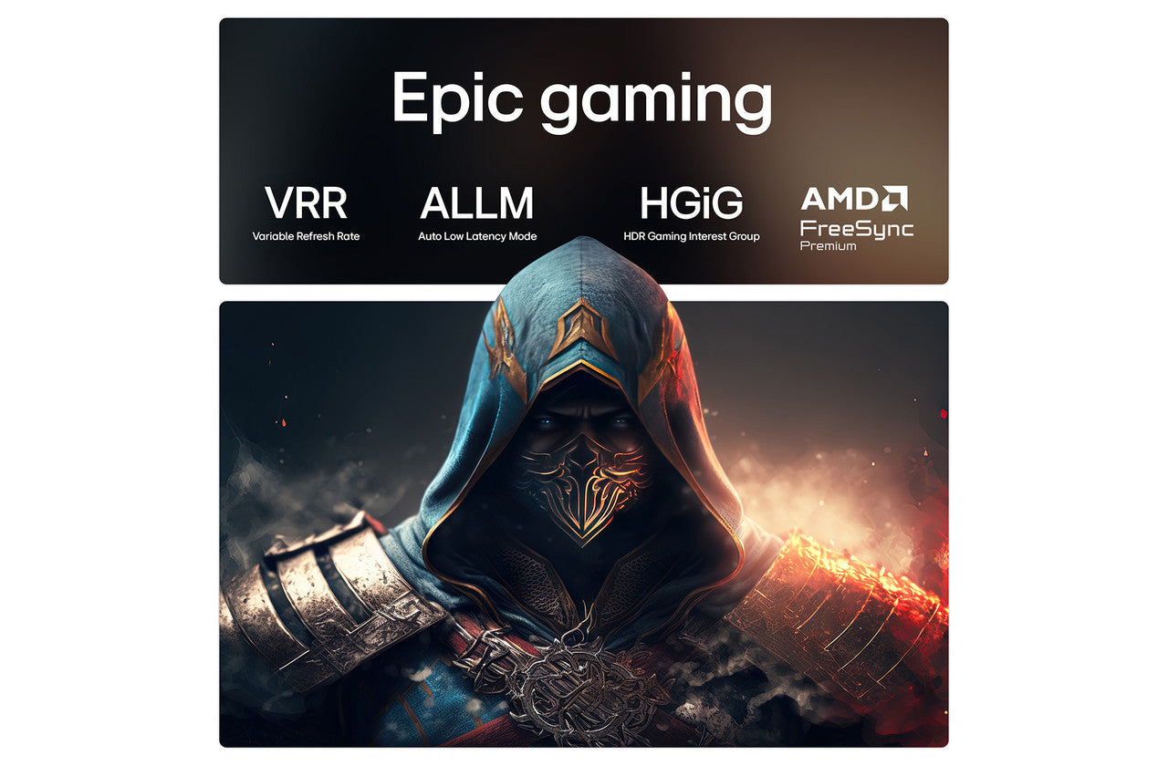 Smart TV screen with 4K gaming graphics and on-screen feature icons