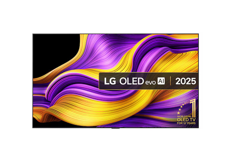 LG OLED TV screen with purple and gold abstract wave pattern