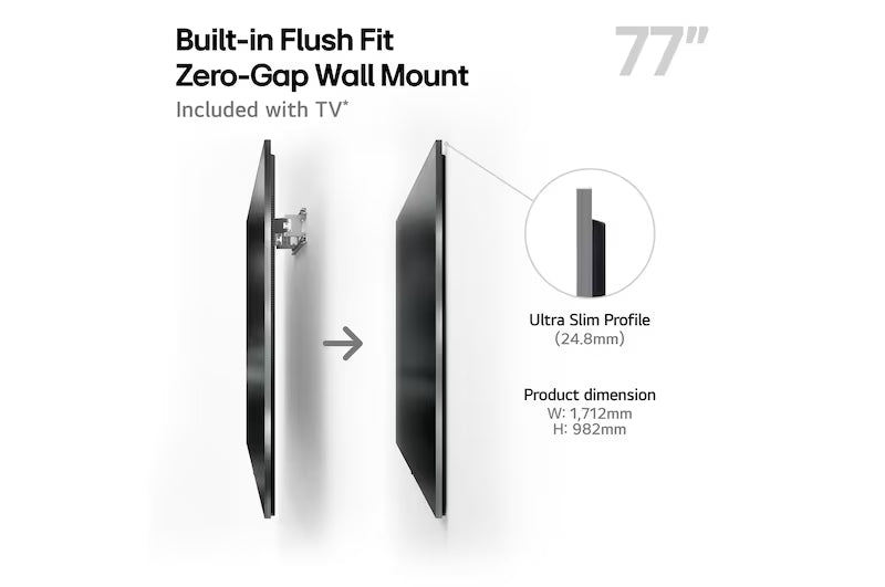 Zero-gap wall mount TV diagram with ultra slim profile and slim side view