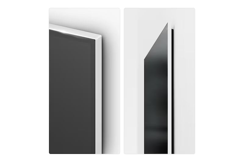Slim TV front and side view with thin bezel and dark display panel
