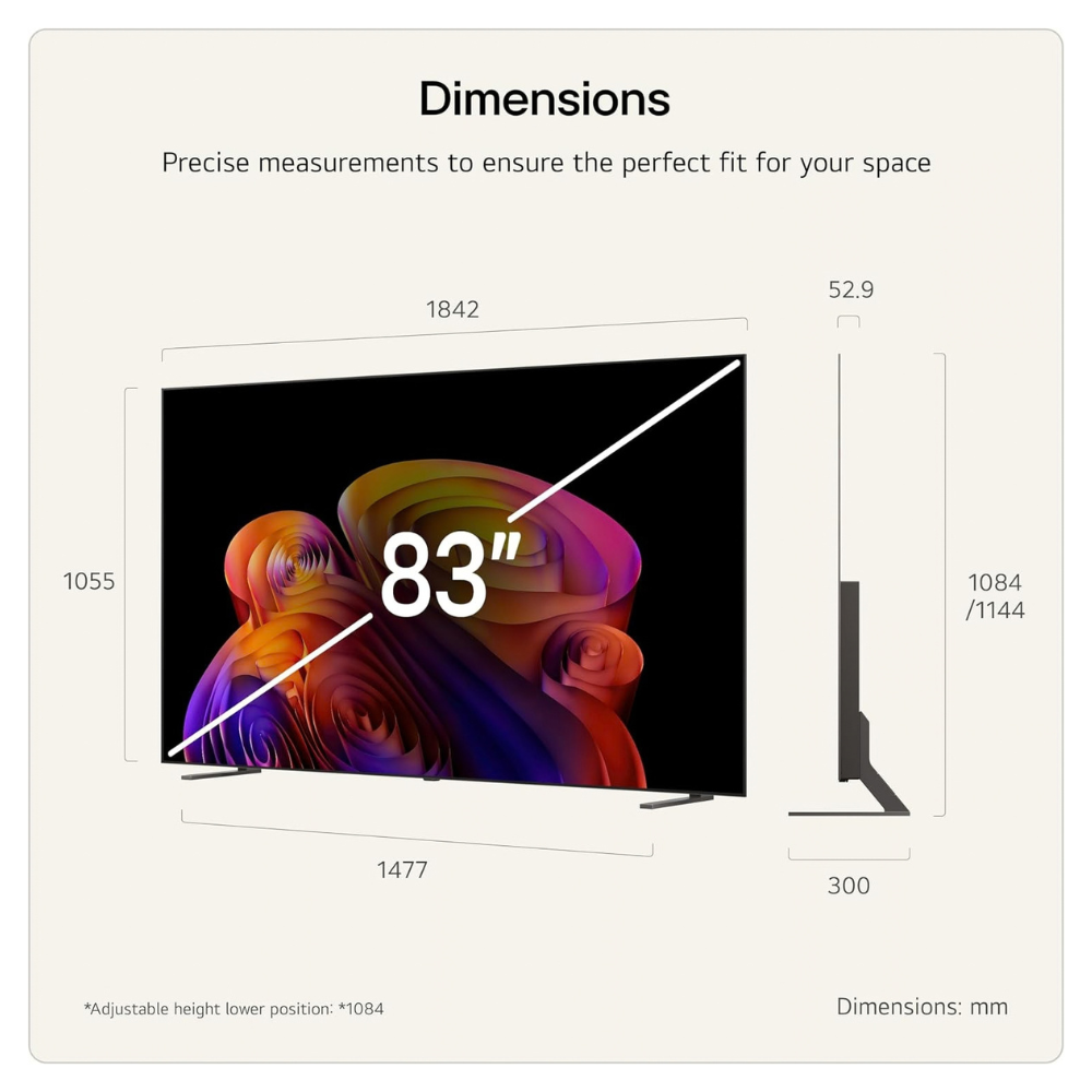 83-inch OLED TV dimensions diagram with side height and depth measurements