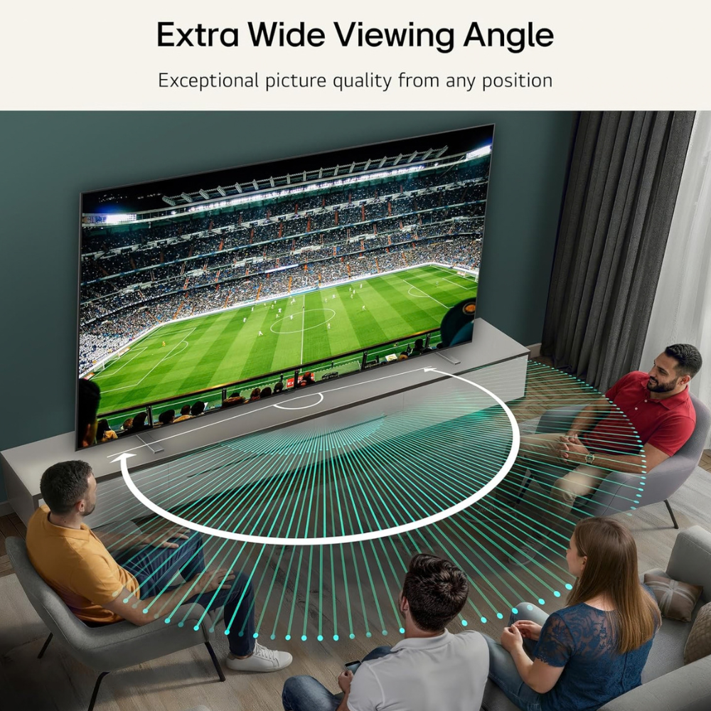OLED TV showing soccer field with wide viewing angle lines on screen