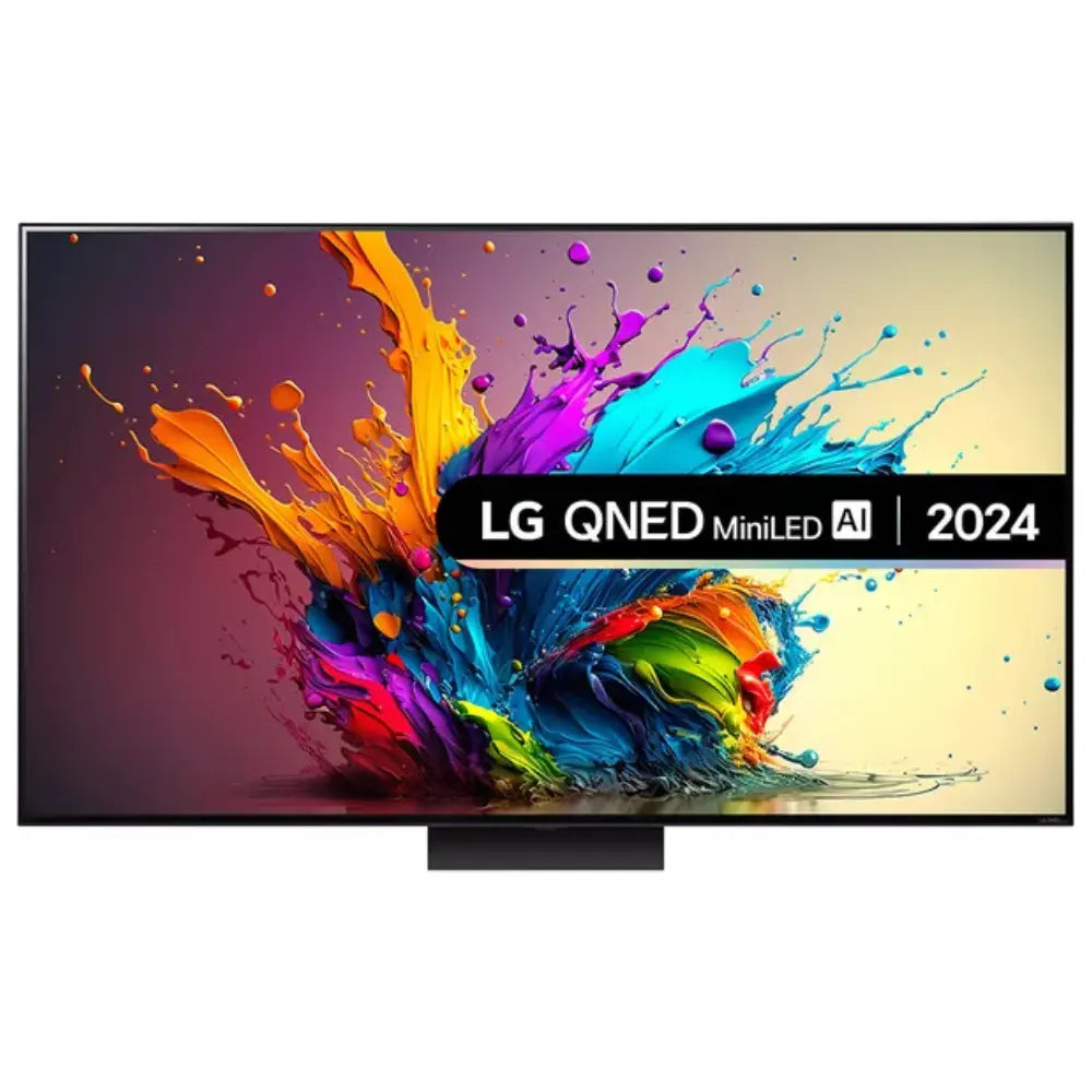 86-inch LG QNED MiniLED 4K TV with colorful splash screen