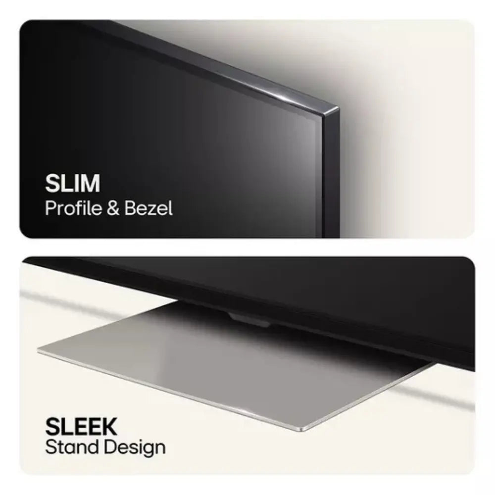 Slim flat-screen TV with black bezel and sleek stand base