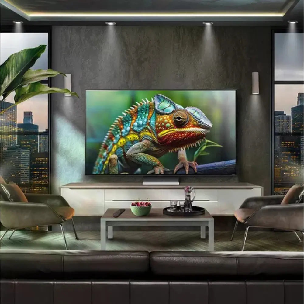Flat-screen TV displaying a colorful chameleon on the screen