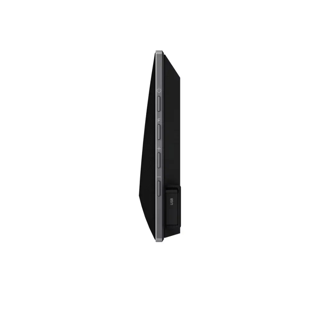 Black soundbar side view with control buttons