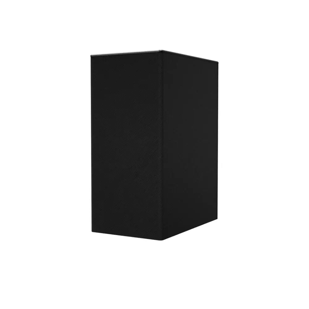 Black cube-shaped speaker cabinet, side view