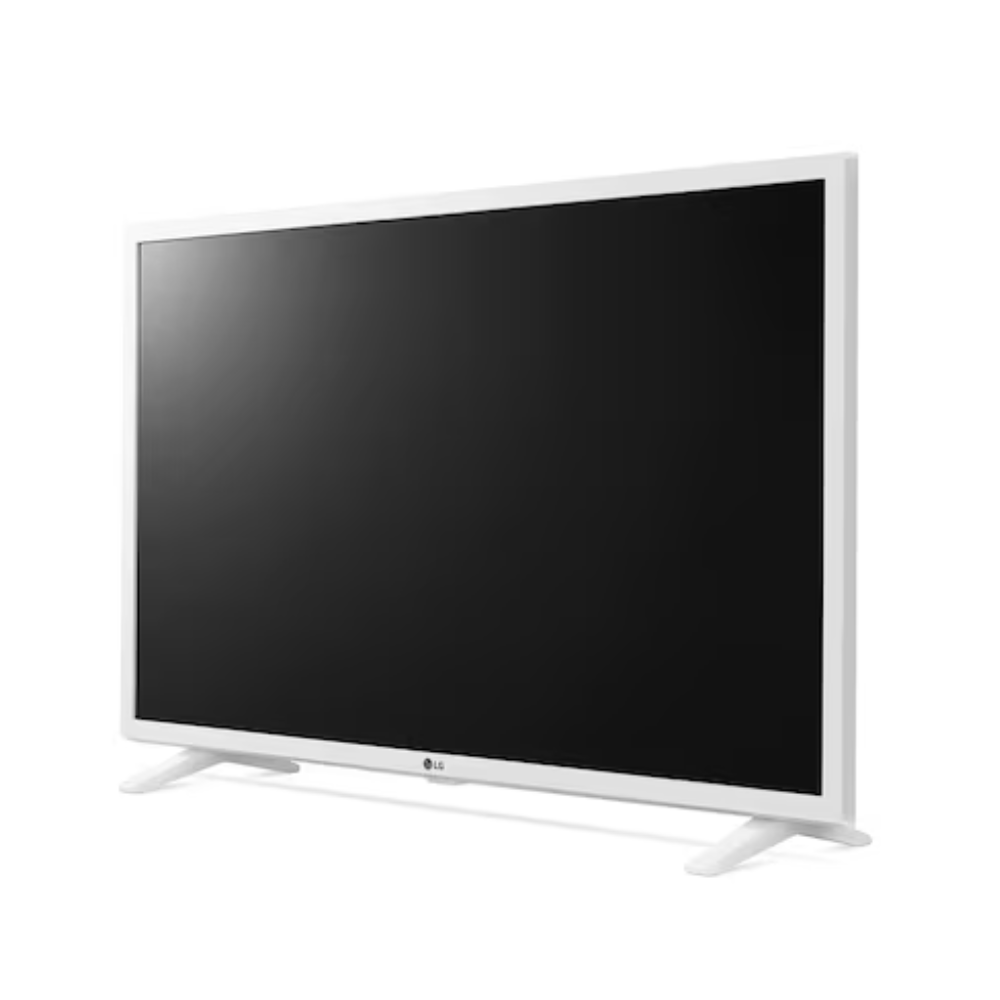 32-inch LG LED FHD Smart TV angled view, black screen, two-foot stand