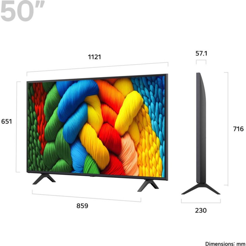 50-inch smart TV front view with stand and side profile with dimensions