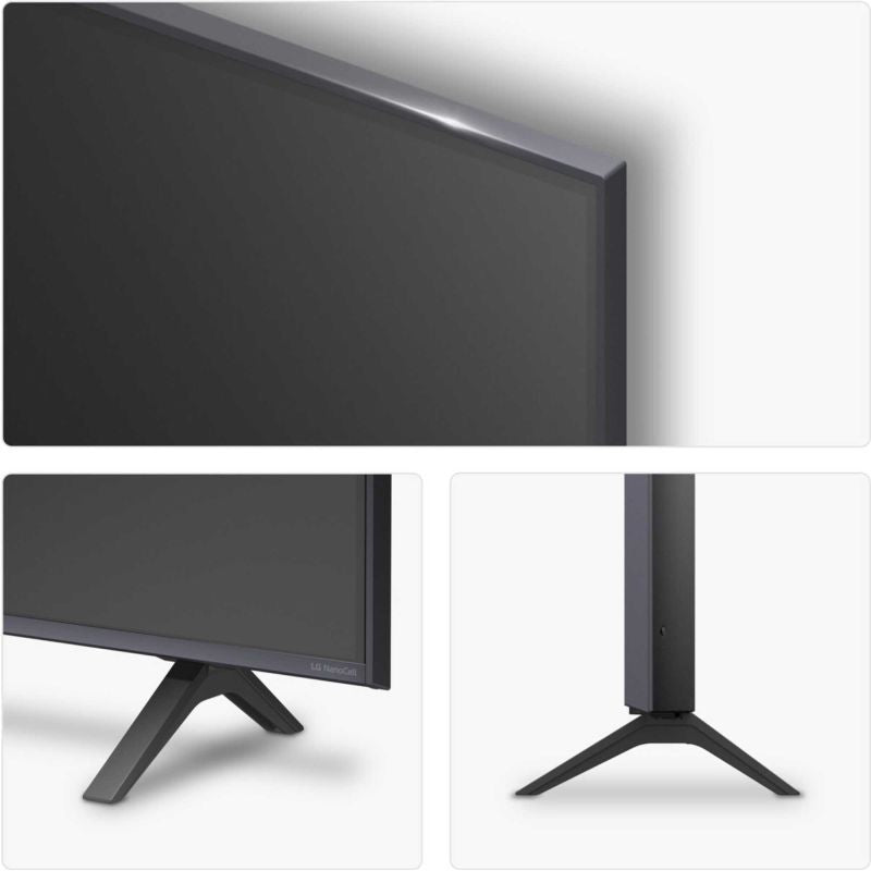 Black flat-screen TV with three-leg stand shown from front and side angles