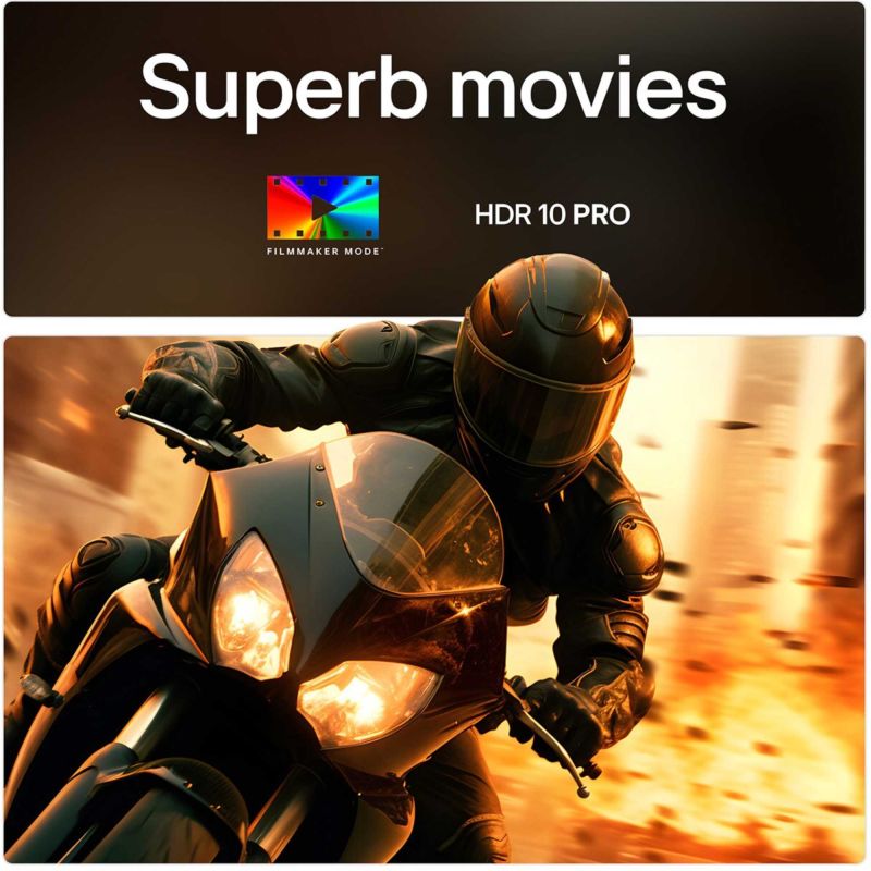 Smart TV showing action scene on screen with “Superb movies” feature banner