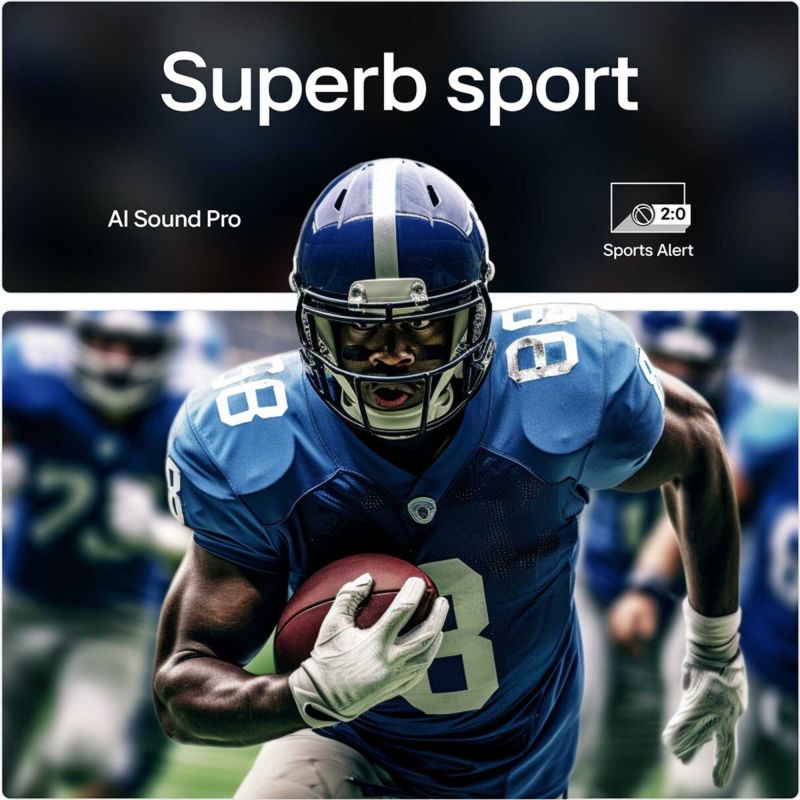 Smart TV showing football action on screen with “Superb sport” feature banner
