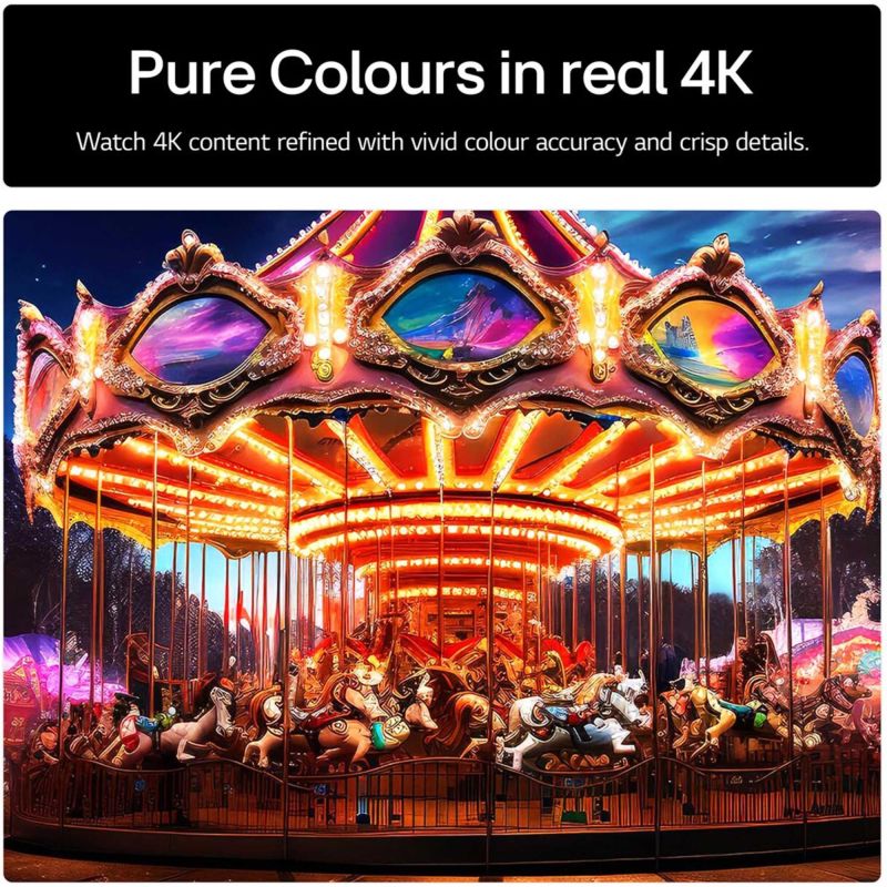 Smart TV screen with “Pure Colours in real 4K” banner and colorful carousel image