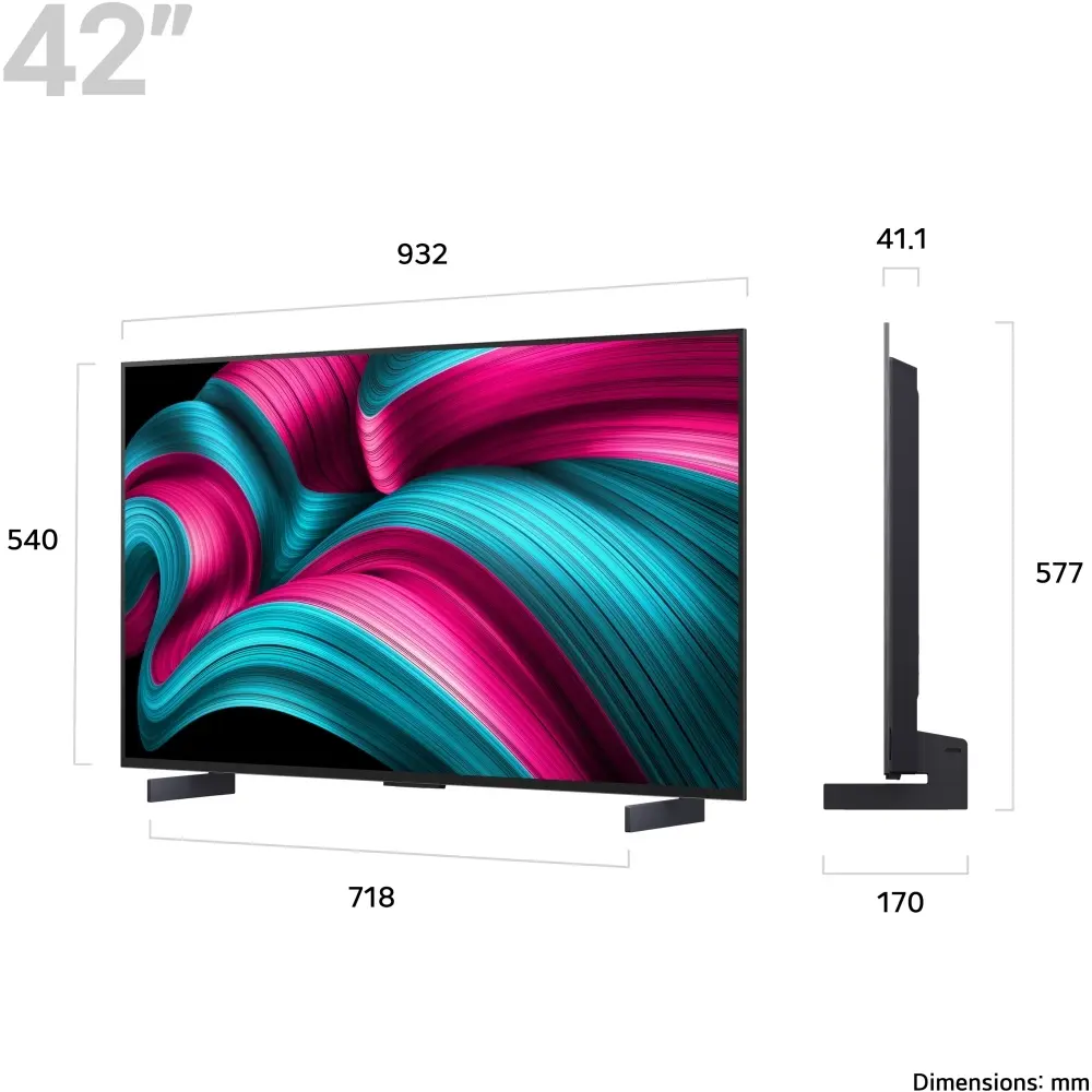 LG 42-inch OLED smart TV with size and side-view dimension diagram