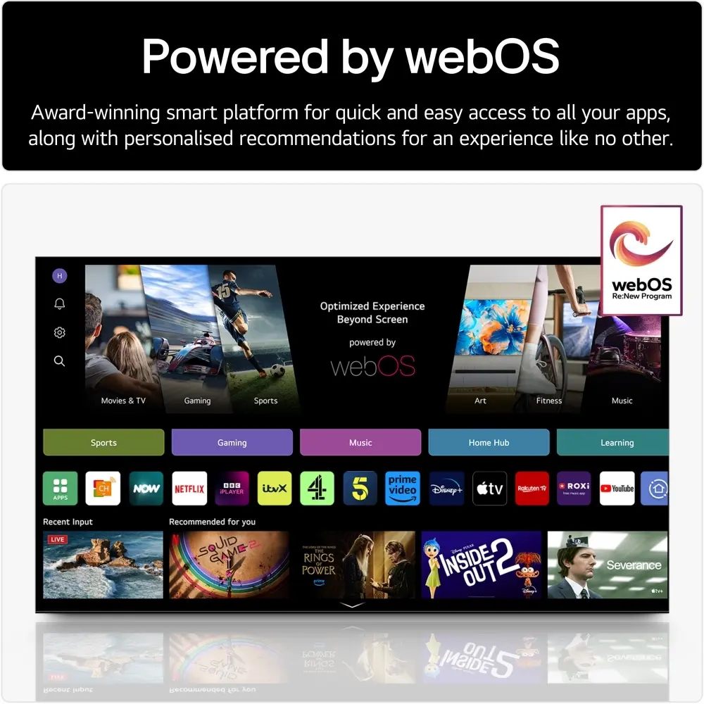 LG smart TV home screen showing Powered by webOS and app tiles