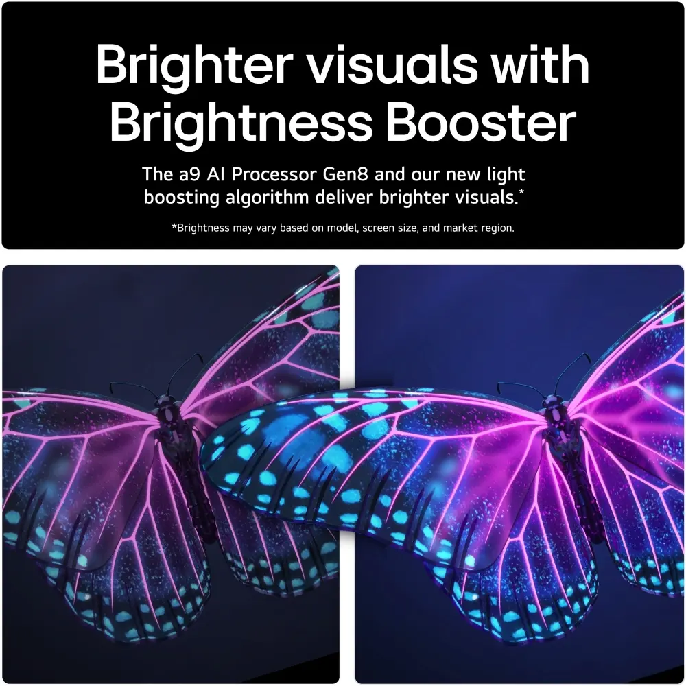 LG smart TV screen promoting Brightness Booster with dual visuals
