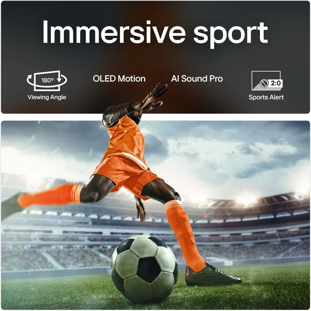42-inch LG OLED evo 4K Smart TV showing a soccer player kicking a ball on display.