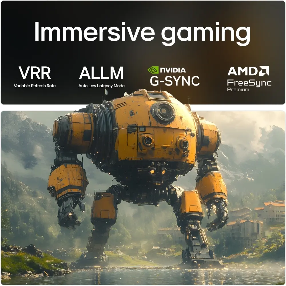 42-inch LG OLED evo 4K Smart TV showing a yellow robot mech in a cinematic scene.