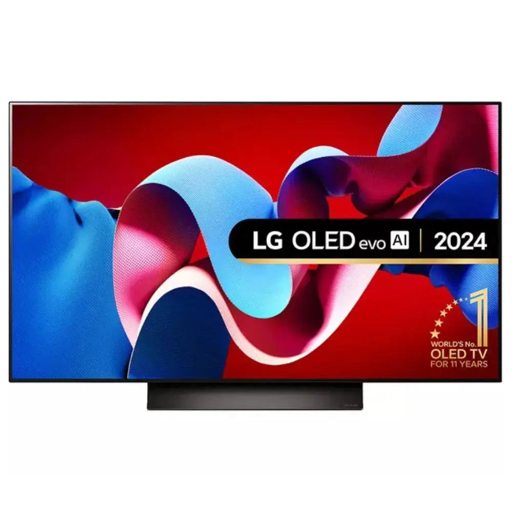 OLED TV with thin bezel showing abstract colorful display screen