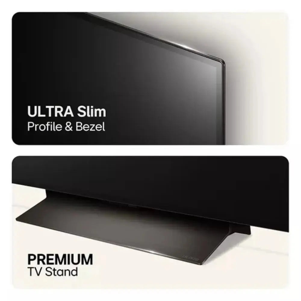 Ultra-slim OLED TV with base stand shown from the side