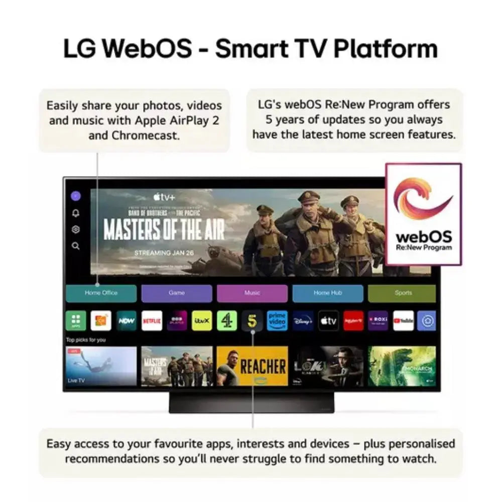 OLED TV displaying webOS smart home menu on the screen
