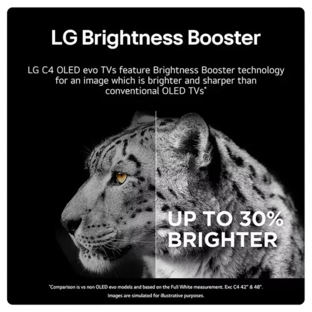 OLED TV with brightness booster graphic and split-tone cat image